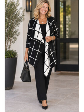 Foxcroft NYC Cardigan Sweater Black White Grid Print Open Front Women’s Size 3X